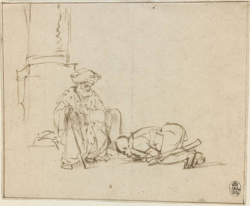 Desenho da escola de Rembrandt: um homem prostrado diante de um rei sentado