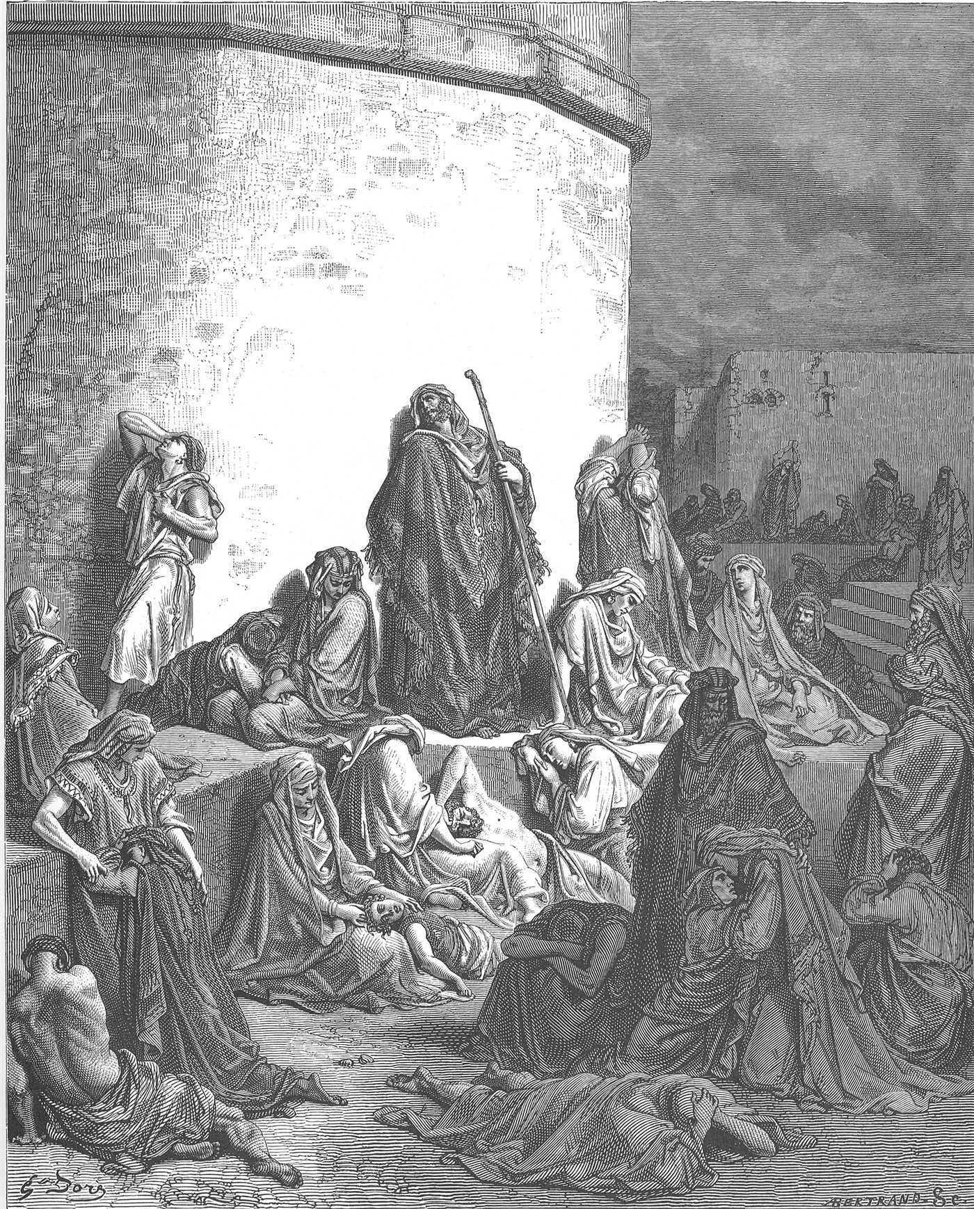 O povo lamenta sobre as ruínas, gravura de Gustave Doré