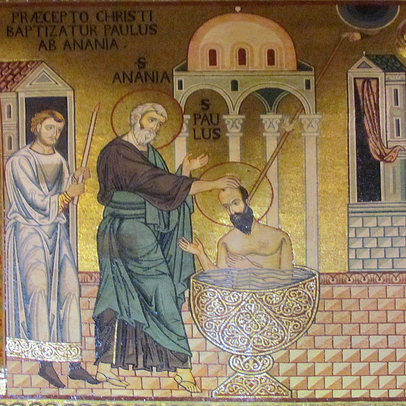 Ananias batiza São Paulo, mosaico da Capela Palatina
