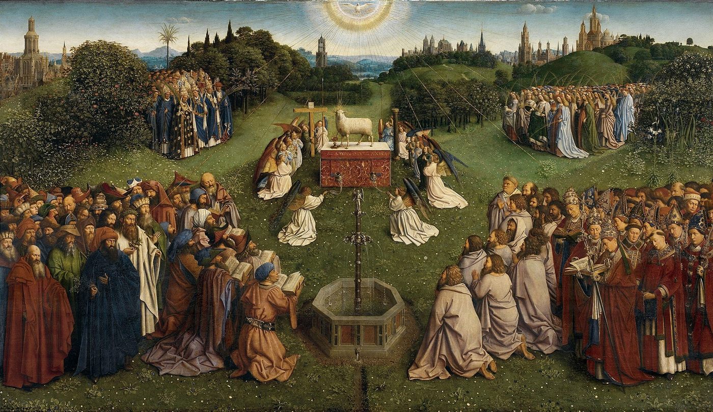 A Adoração do Cordeiro Místico, painel central do Retábulo de Gante, por Jan van Eyck
