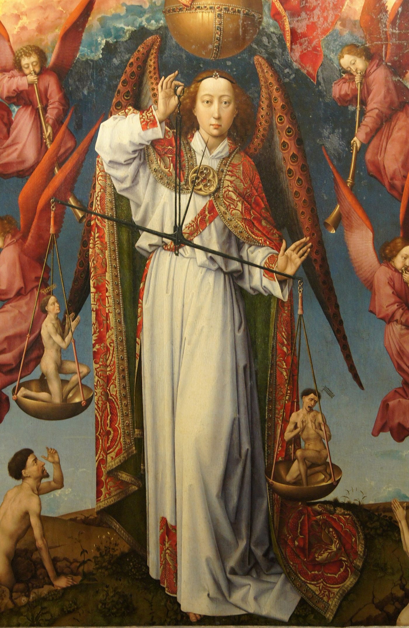 O arcanjo Miguel pesando as almas, detalhe do Políptico de Beaune, de Rogier van der Weyden