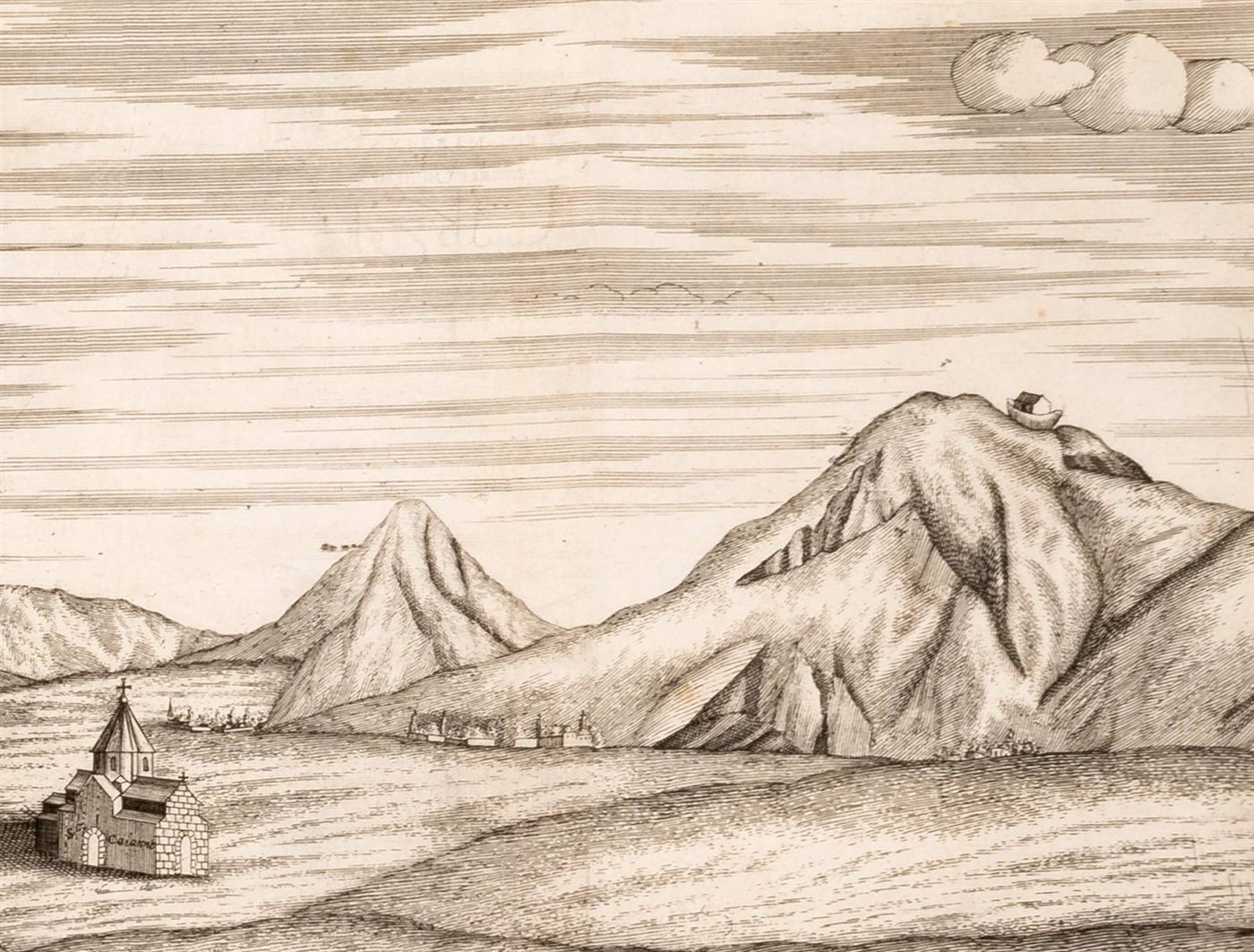 Gravura de Jean Chardin, 1686: o Monte Ararate com a arca no topo e uma igreja armênia