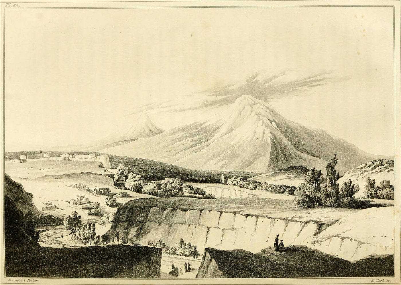 Gravura de Robert Ker Porter, 1821: vista do Monte Ararate com os dois picos