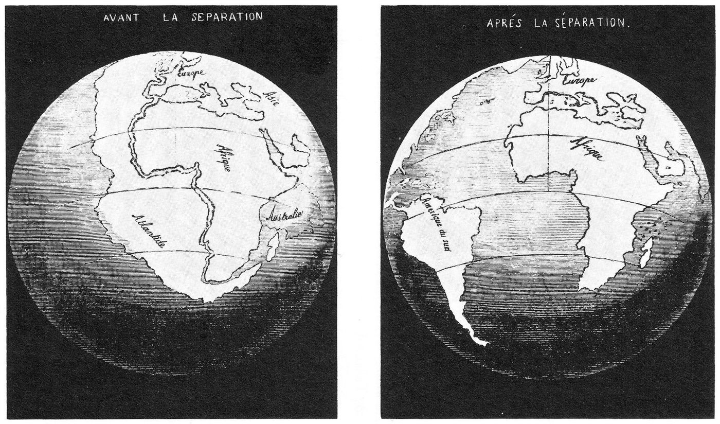 Mapas de Antonio Snider-Pellegrini de 1858, antes e depois da separação dos continentes