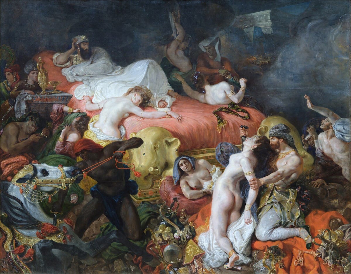 Pintura de Delacroix, A Morte de Sardanapalo: um rei deitado numa cama observa a destruição de suas mulheres, cavalos e tesouros
