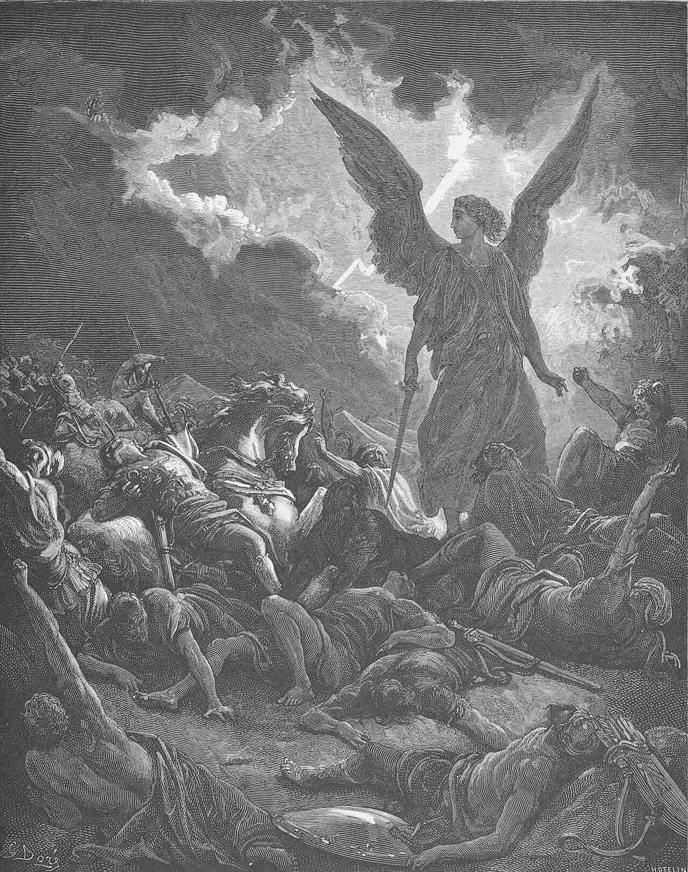 Gravura de Gustave Doré do anjo exterminador sobre o acampamento do exército de Senaqueribe, com soldados caídos