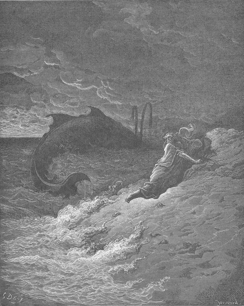 Gravura de Gustave Doré: Jonas, nu, é lançado à praia por um grande peixe em meio a ondas revoltas