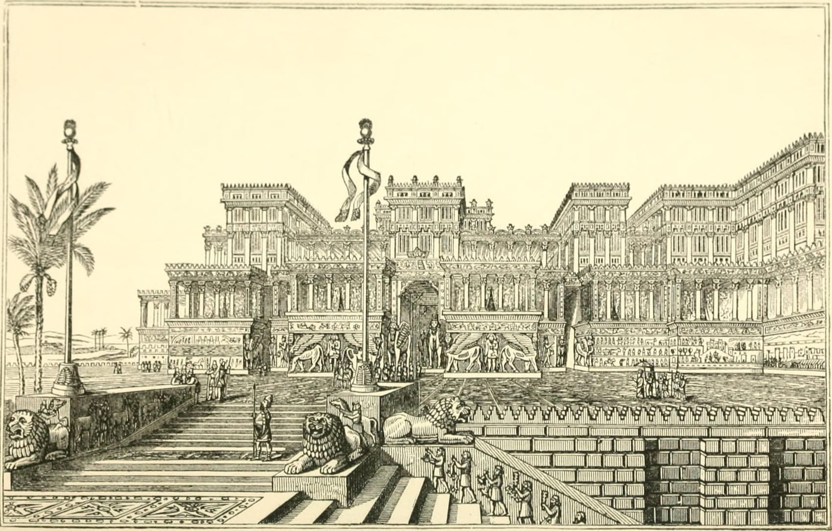 Reconstituição, desenhada no século XIX, de um palácio assírio com escadarias, leões e pórticos decorados
