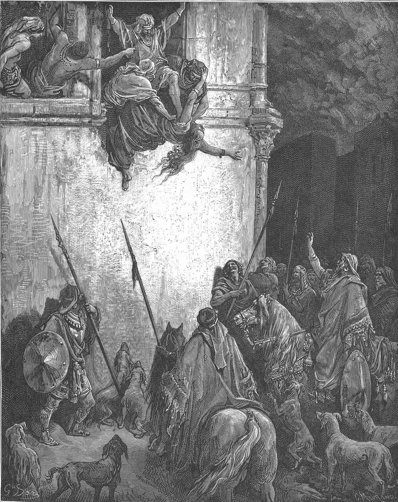 Gravura de Gustave Doré: Jezabel lançada de uma janela diante do carro de Jeú