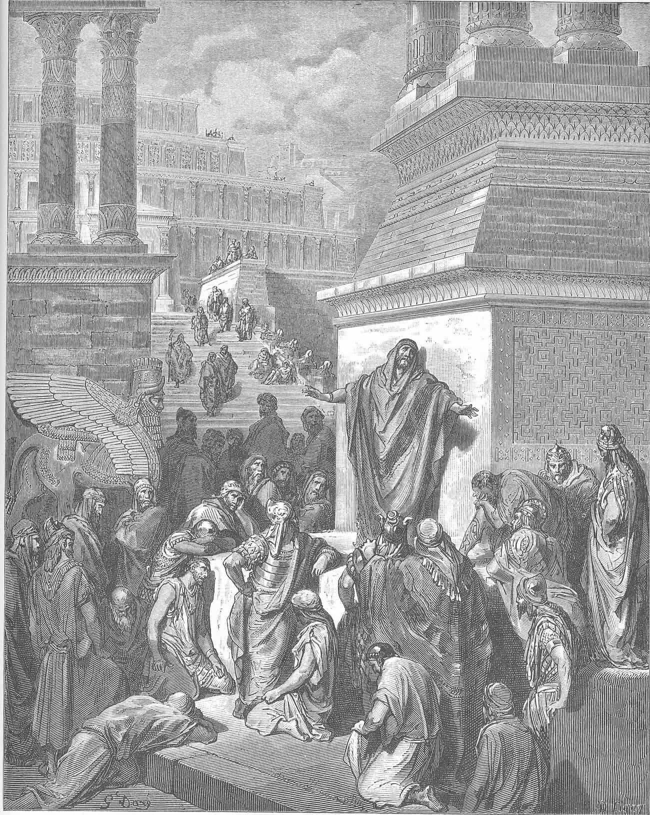 Gravura de Gustave Doré: Jonas prega aos ninivitas diante de um grande monumento
