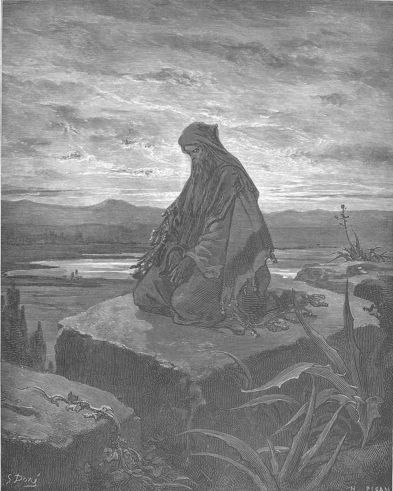 Gravura de Gustave Doré: o profeta Isaías sentado numa rocha, de costas, diante de uma paisagem aberta