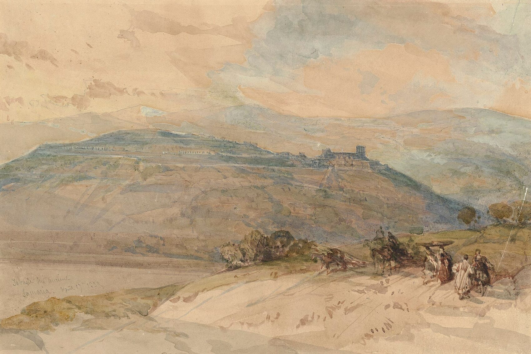 Aquarela de David Roberts mostrando a colina da antiga Samaria (Sebasté) ao longe, com viajantes em primeiro plano