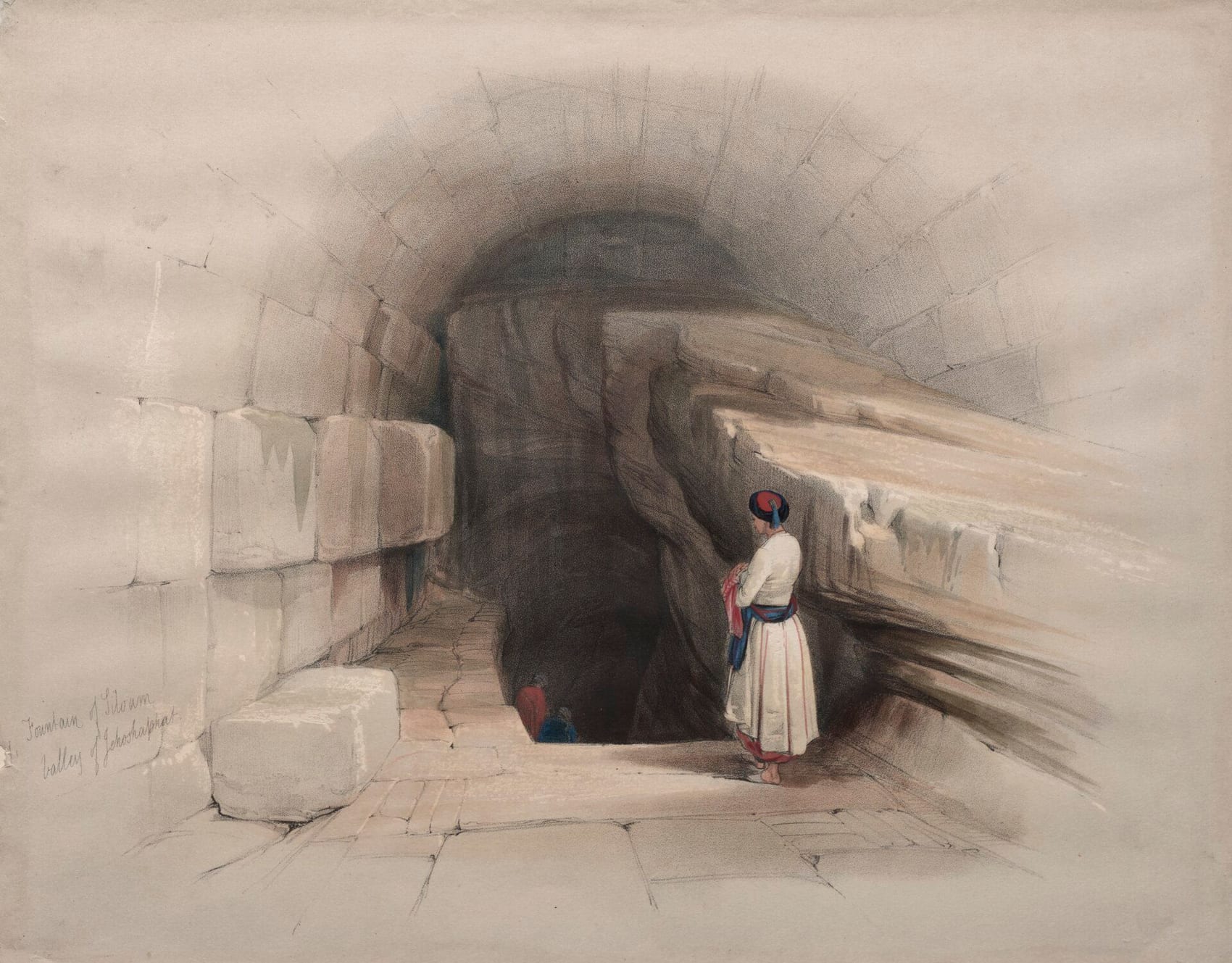 Litografia colorida de David Roberts da fonte de Siloé, com uma entrada em arco de pedra e um homem de pé diante dela