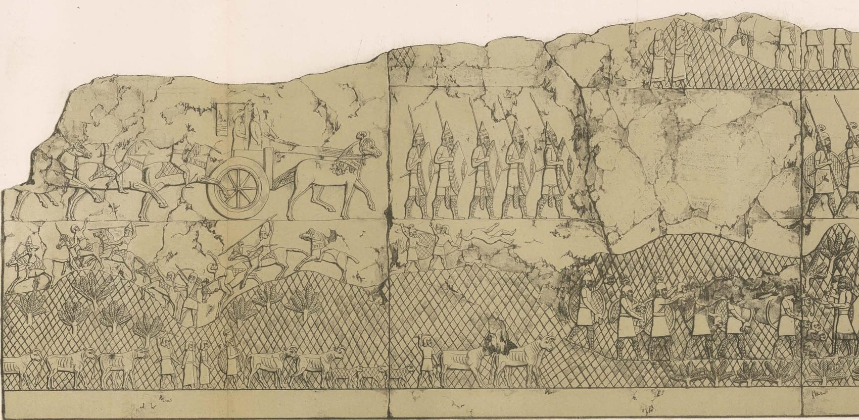 Gravura de relevo assírio de Kuyunjik mostrando o triunfo do rei, com carros, soldados e prisioneiros