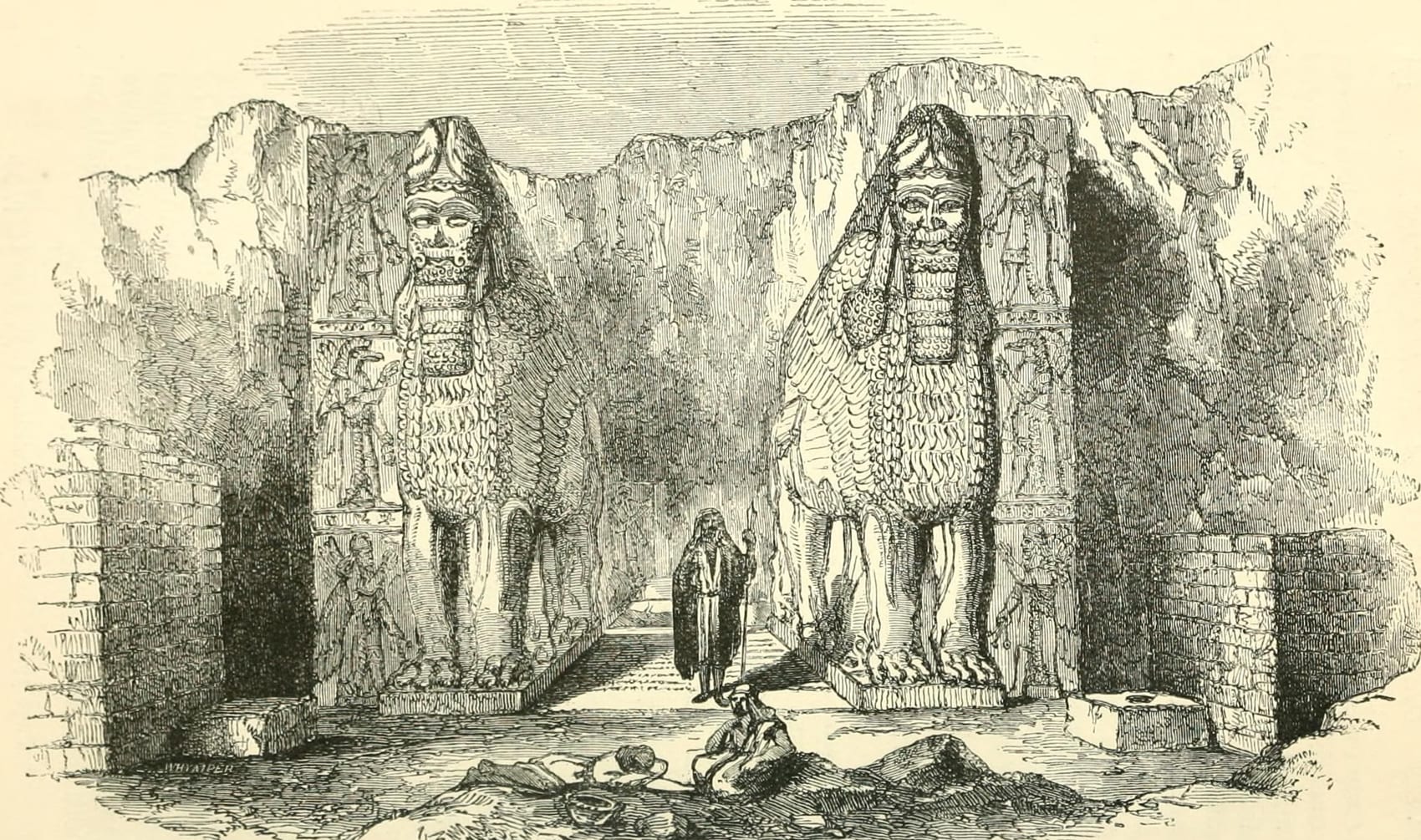 Gravura de uma entrada de templo escavada em Nimrud, com dois grandes leões alados de cabeça humana