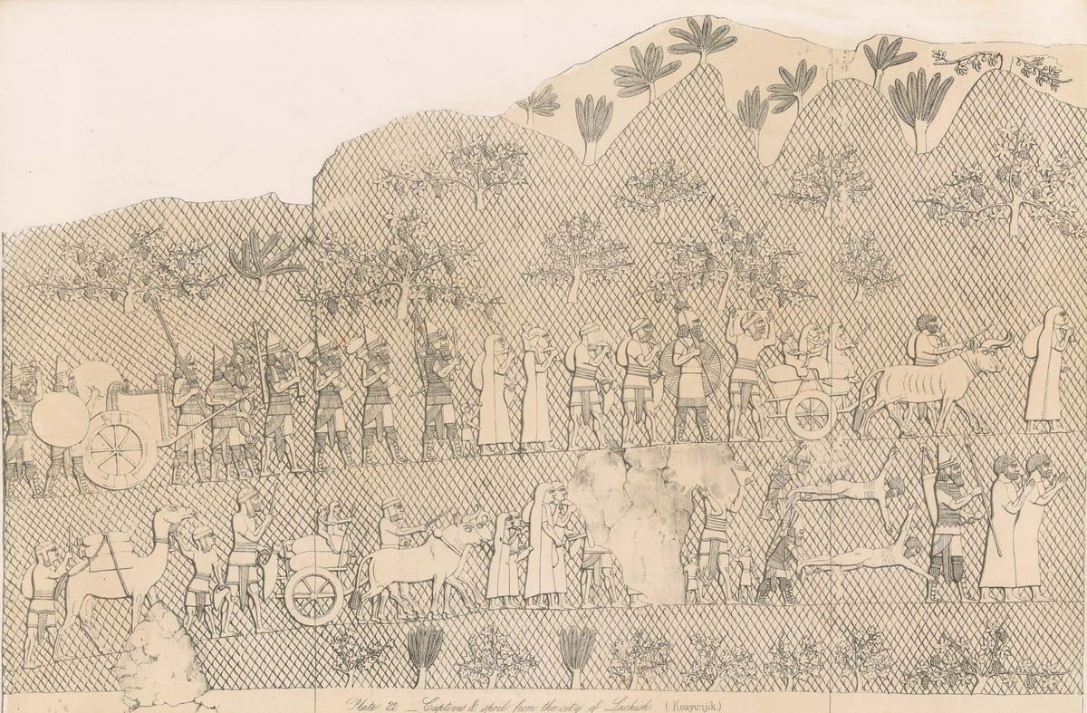 Gravura de relevo assírio com prisioneiros de Laquis, carros de boi, famílias e soldados