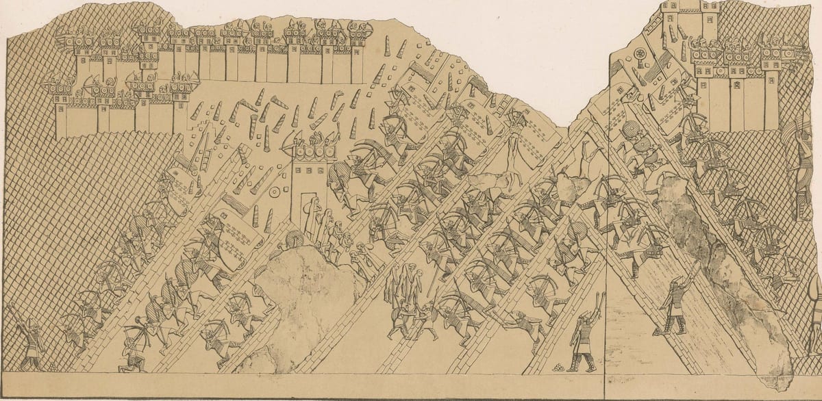 Gravura de relevo assírio do cerco de Laquis, com arqueiros subindo rampas e defensores nas torres