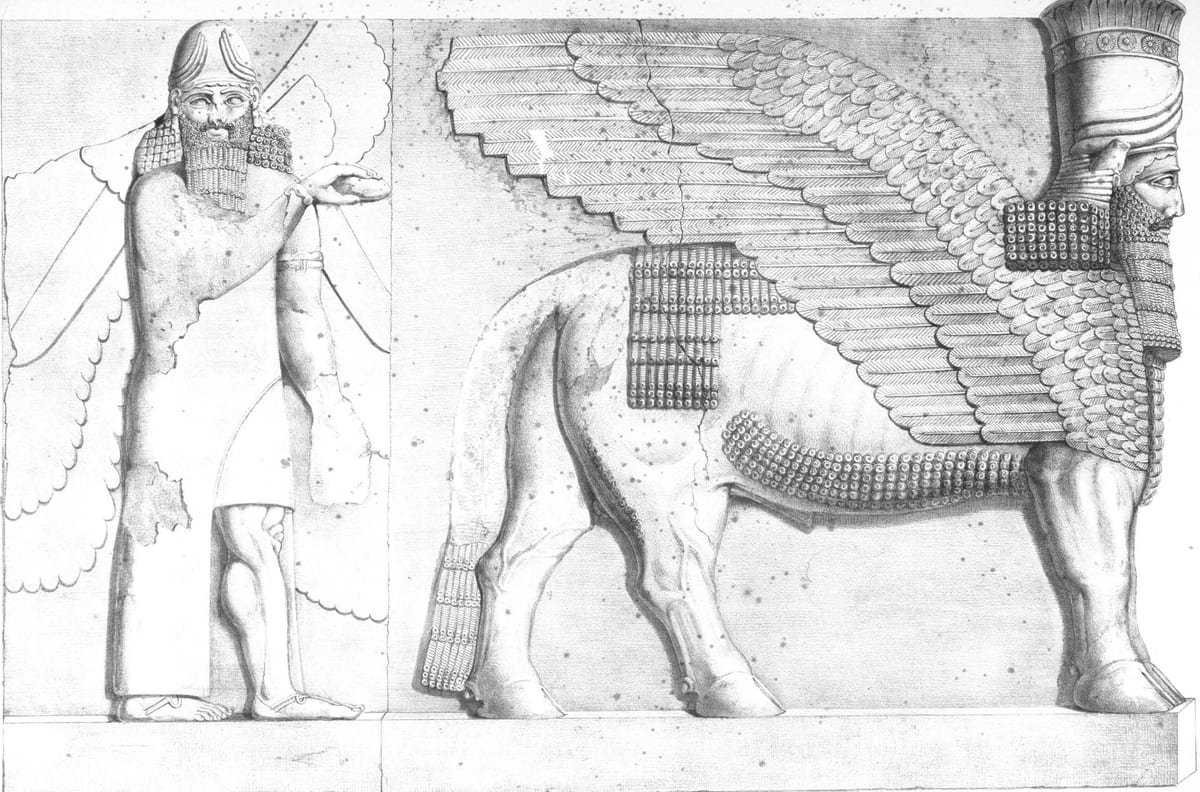 Touro alado com cabeça humana e figura alada, desenhos de relevos de um portão da muralha de Nínive