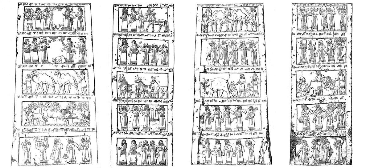 Desenho das quatro faces do Obelisco Negro de Salmaneser III com as cenas de tributo