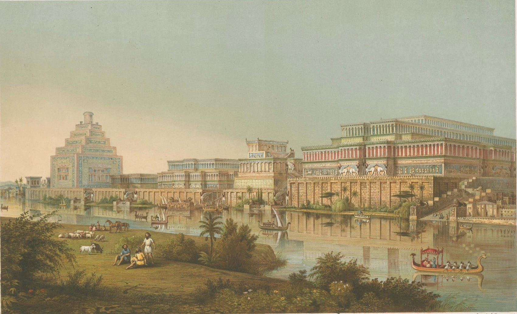 Reconstituição colorida dos palácios de Nimrud à beira do rio, com um zigurate à esquerda, em litografia do século XIX
