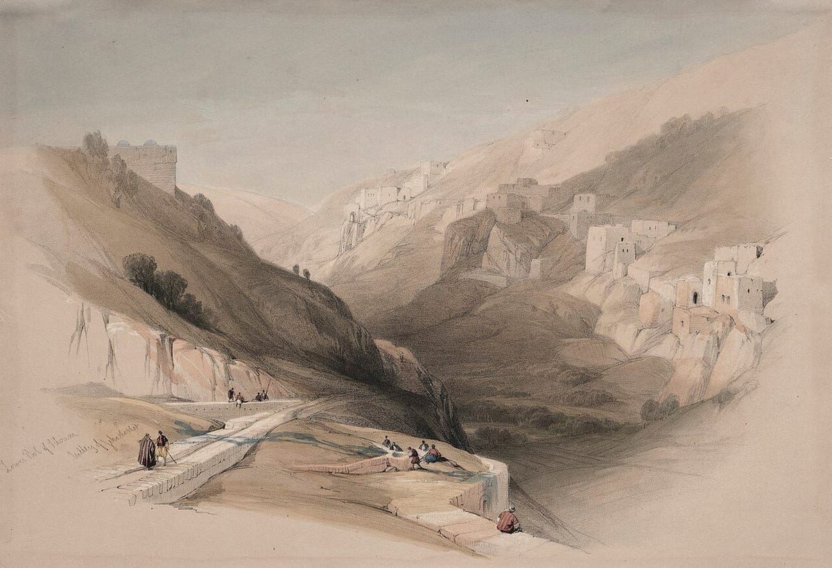 Litografia colorida de David Roberts do tanque inferior de Siloé, no vale de Josafá, com muros antigos e figuras de camponeses