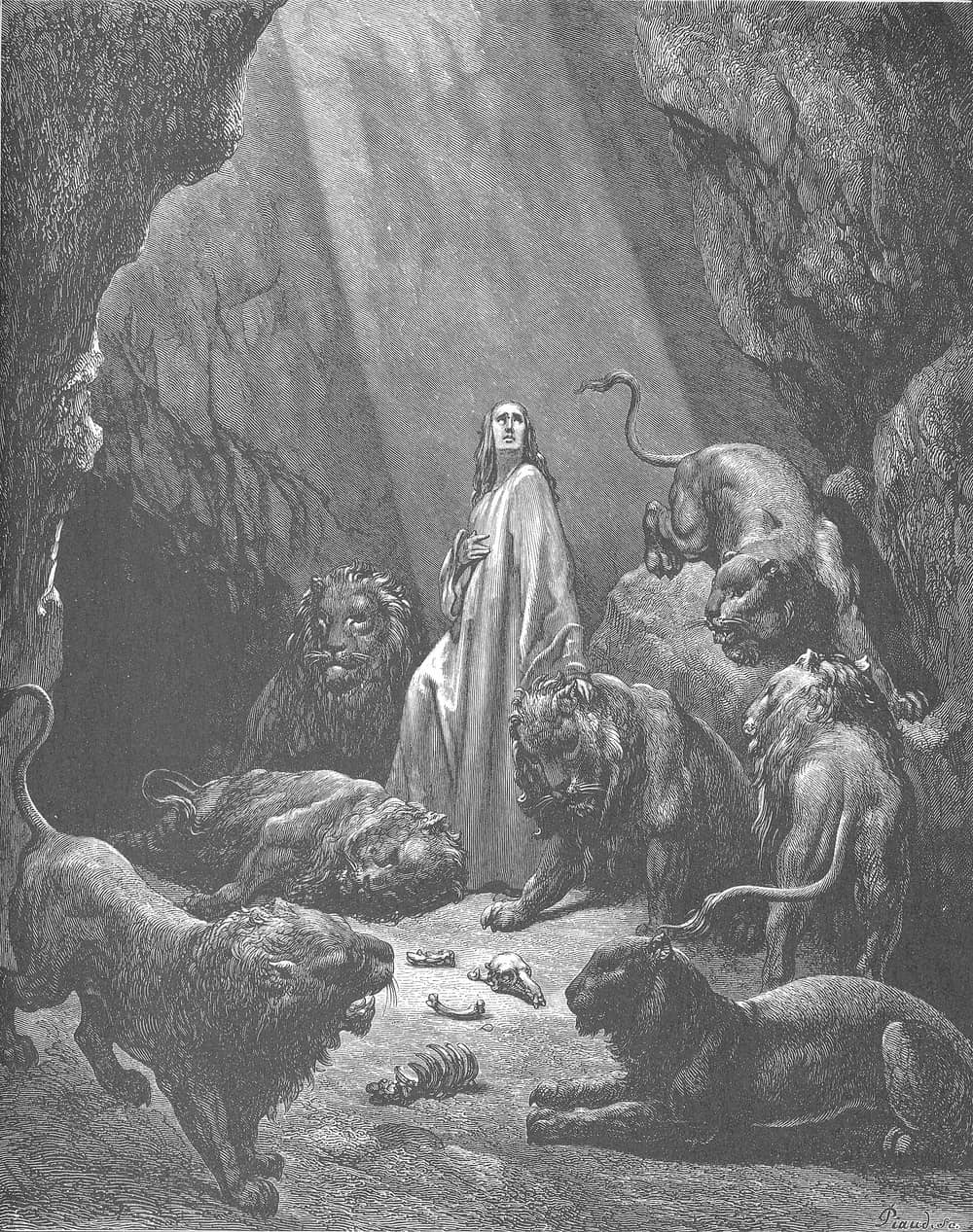 Gravura de Gustave Doré: Daniel na cova dos leões, de olhos erguidos para a luz