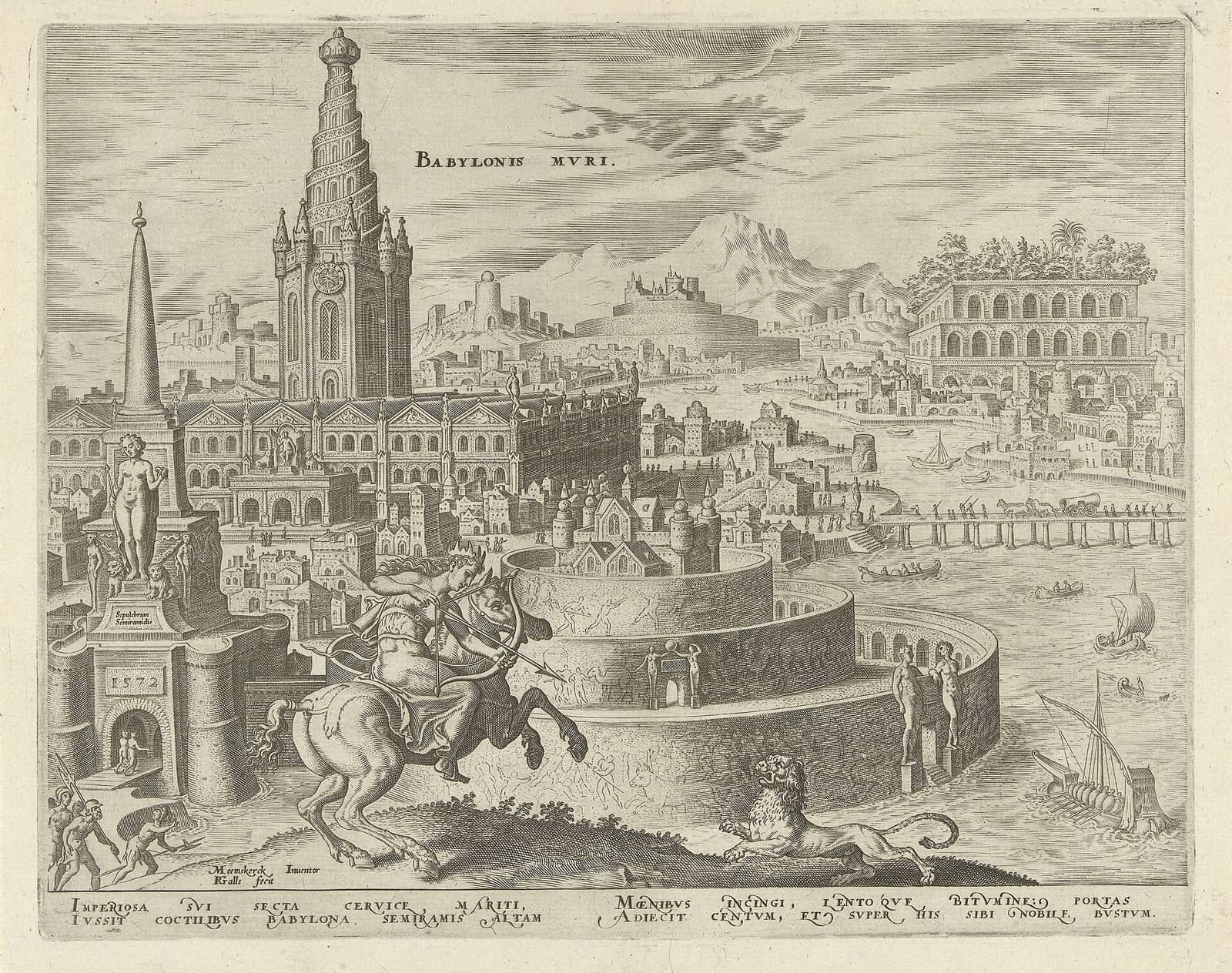 Os muros de Babilônia, gravura de Philips Galle a partir de Maarten van Heemskerck, com Semíramis a cavalo em primeiro plano