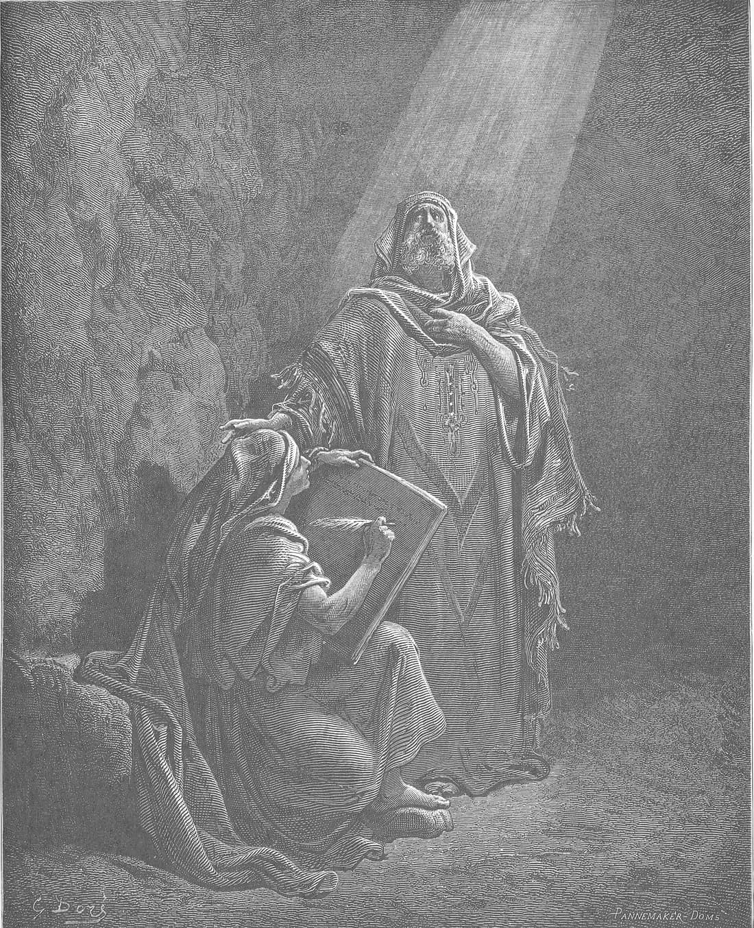 Baruque escreve as profecias de Jeremias; gravura de Gustave Doré