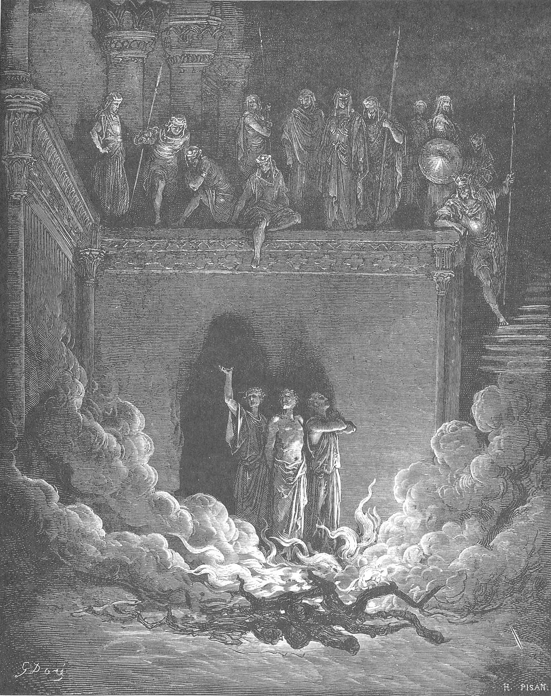 Sadraque, Mesaque e Abednego na fornalha; gravura de Gustave Doré
