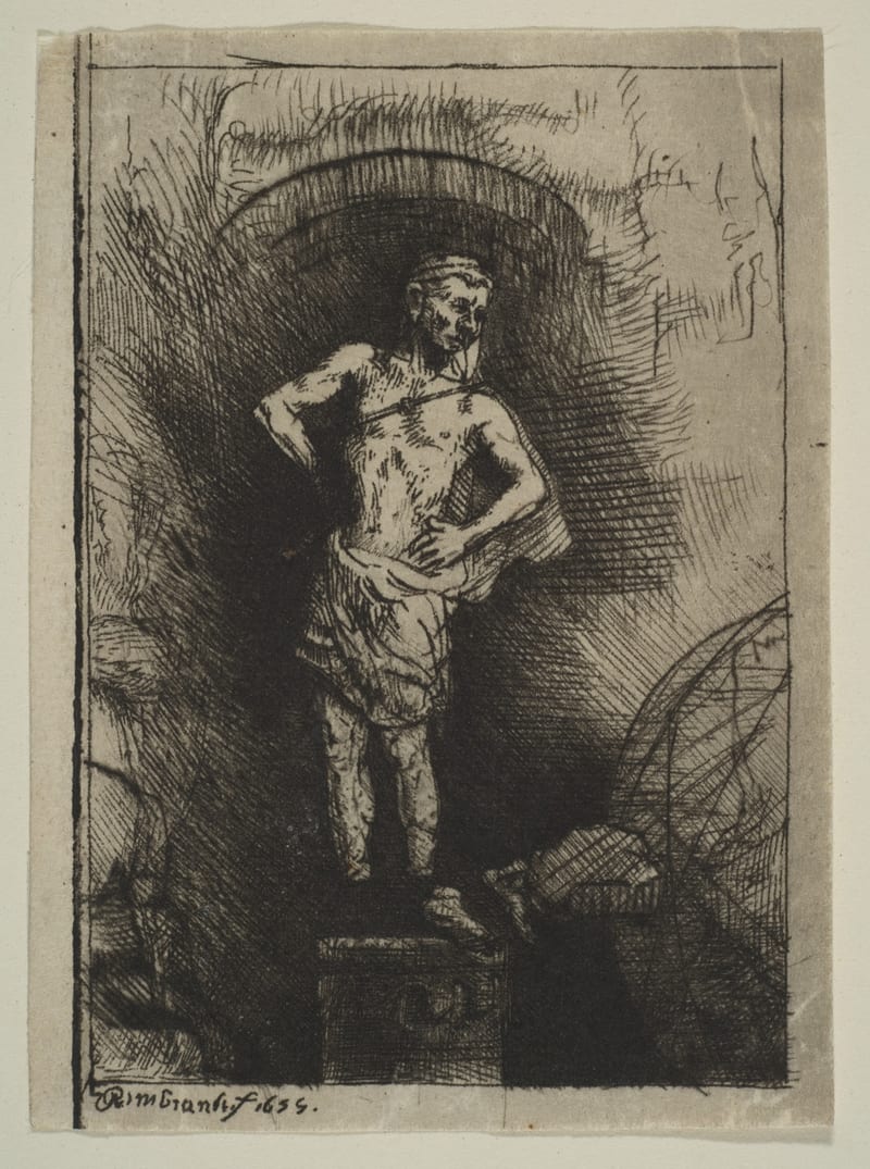 Água-forte de Rembrandt: a estátua do sonho de Nabucodonosor, uma figura em pé desenhada em linhas finas