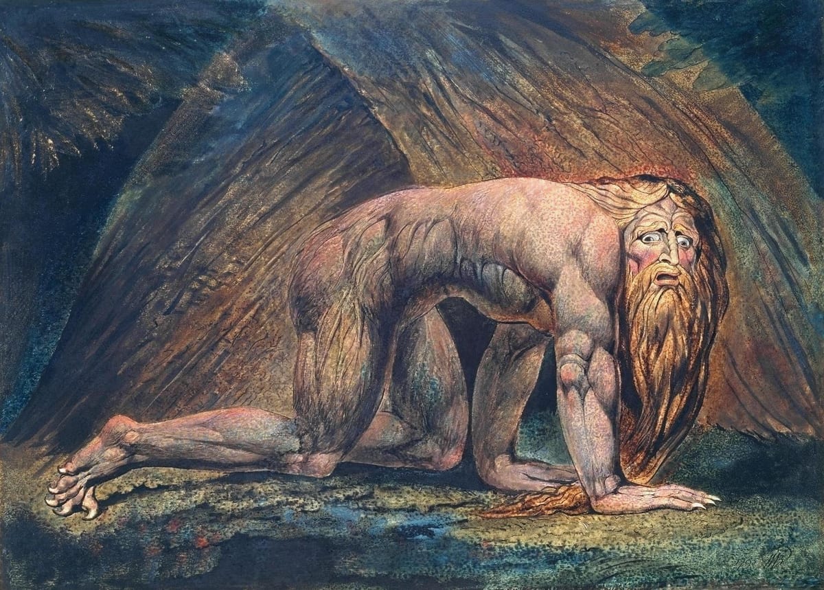 Nabucodonosor, de Blake: um homem nu de longos cabelos e barba, de quatro, sobre a terra