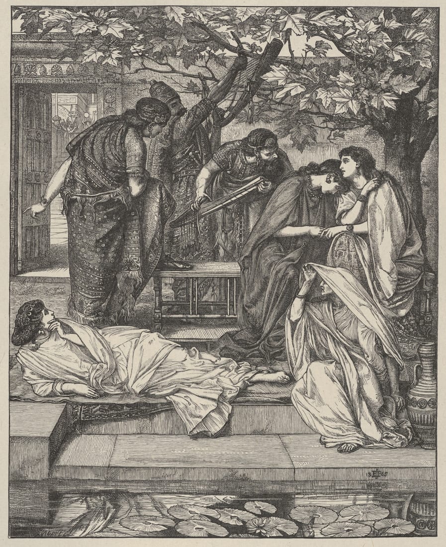 Gravura de Edward Poynter com um grupo de mulheres em luto junto à água, sob uma árvore