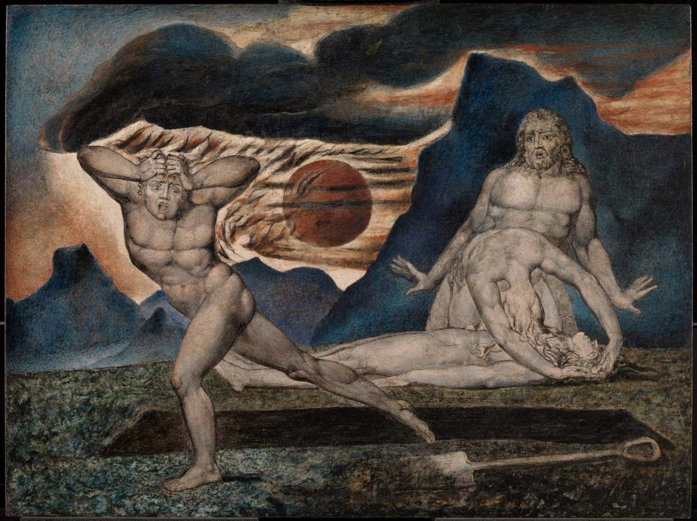 O corpo de Abel encontrado por Adão e Eva, aquarela de William Blake