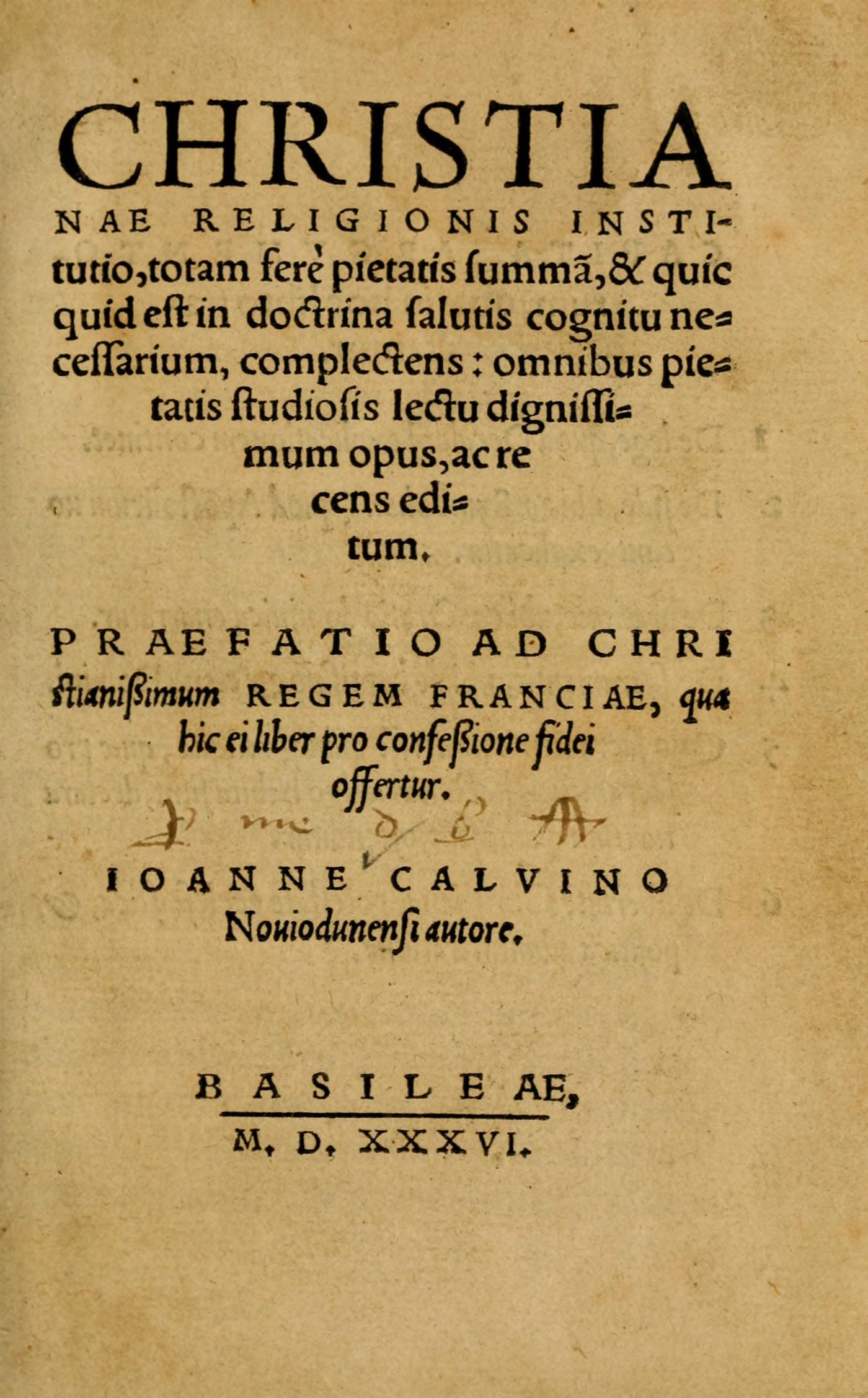 Página de rosto da primeira edição das Institutas da Religião Cristã, Basileia, 1536