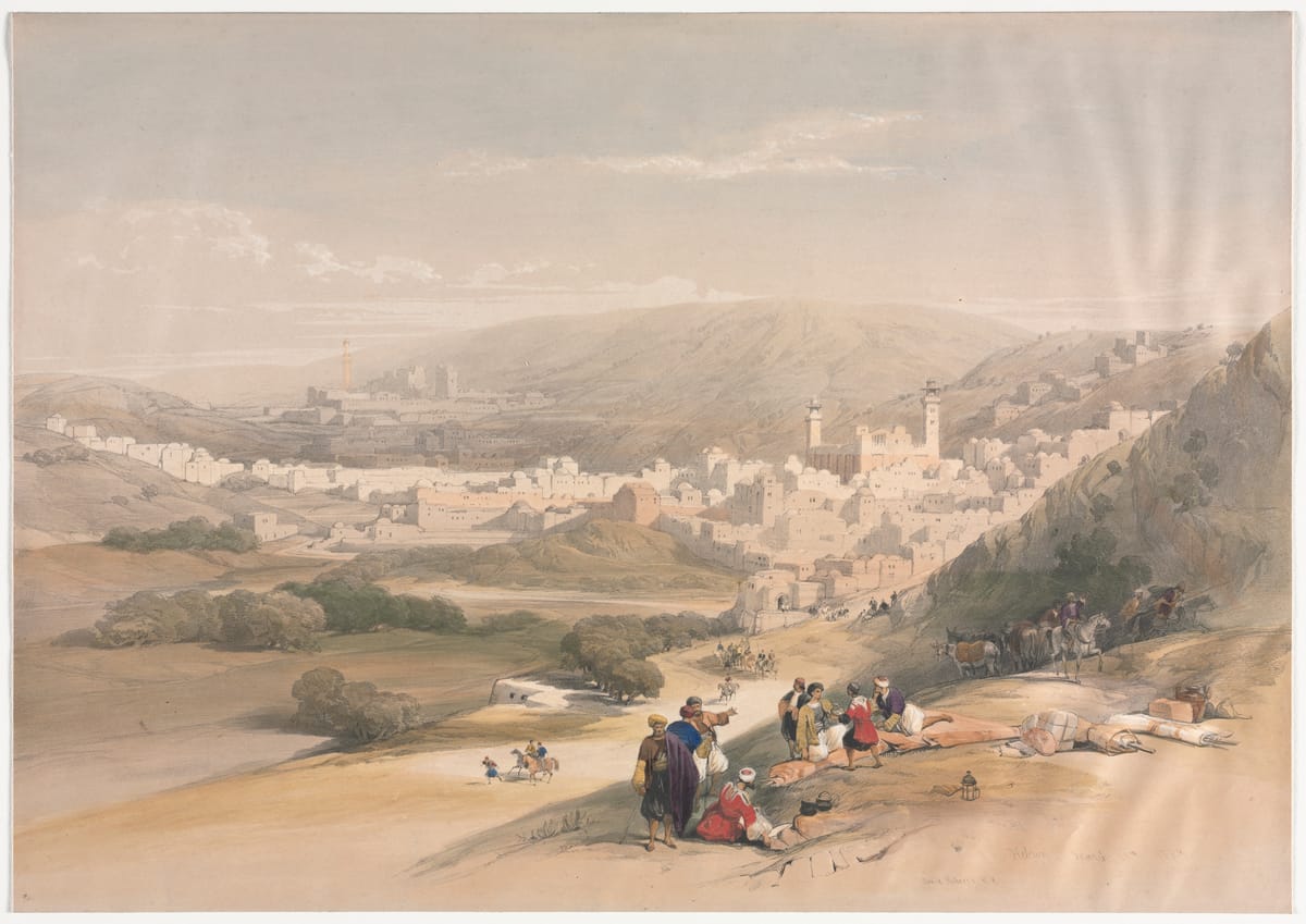 Hebrom vista da encosta, com a cidade branca no vale e o grande recinto de dois minaretes; litografia colorida