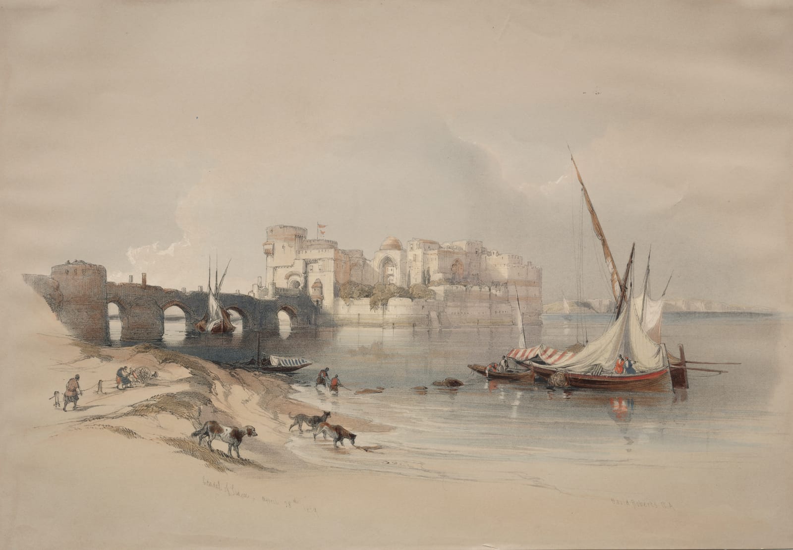O castelo do mar de Sidom, ligado à terra por uma ponte de arcos, com barcos de vela e cães na praia; litografia colorida de David Roberts