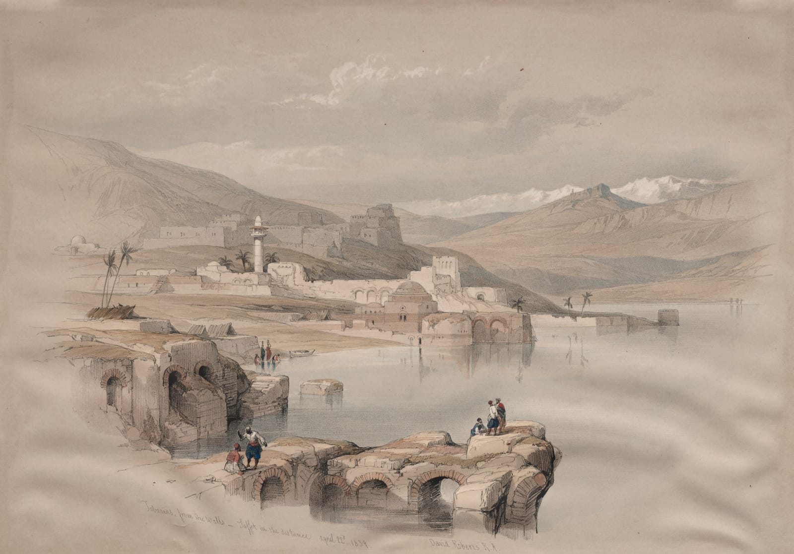 Tiberíades à beira do mar da Galileia, com montes e Safed ao longe; litografia colorida de David Roberts