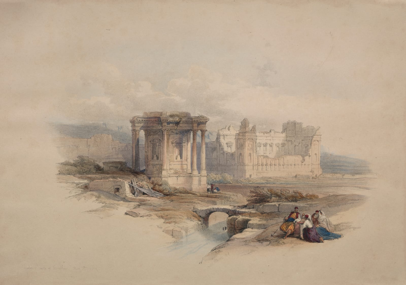 Ruínas do templo circular de Baalbek, com colunas e arcos, sob um céu claro; litografia colorida de David Roberts