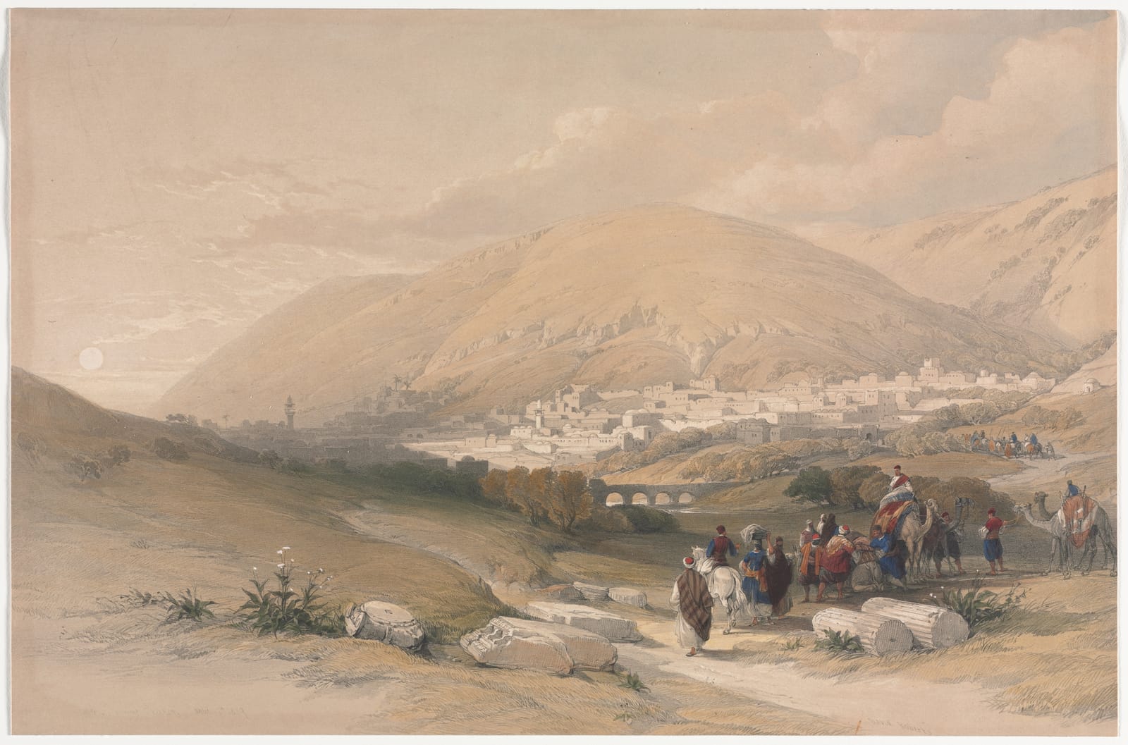 Nablus, a antiga Siquém, entre dois montes, com viajantes e camelos em primeiro plano; litografia colorida de David Roberts