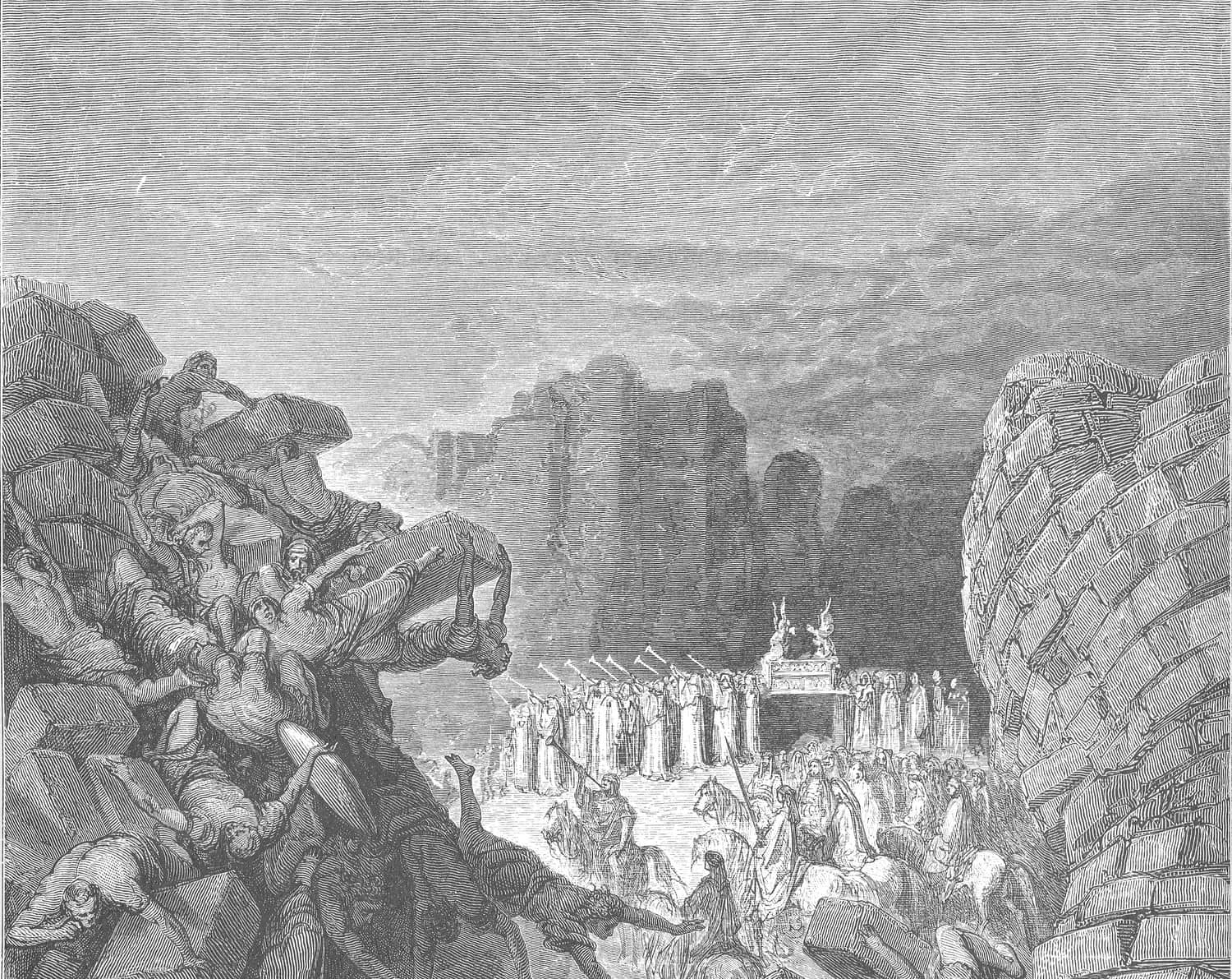 Gravura de Doré: os muros de Jericó desabando em pedaços sobre os soldados, com a procissão da arca ao fundo