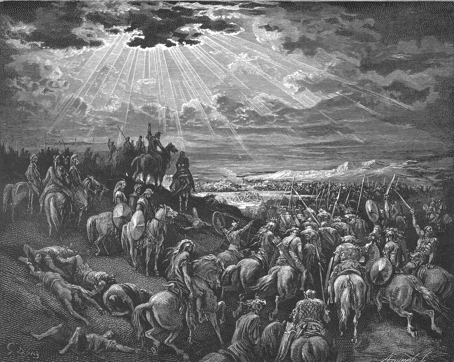 Gravura de Doré: soldados a cavalo sob um céu de raios de luz, com mortos pelo chão, na batalha em que o sol se deteve
