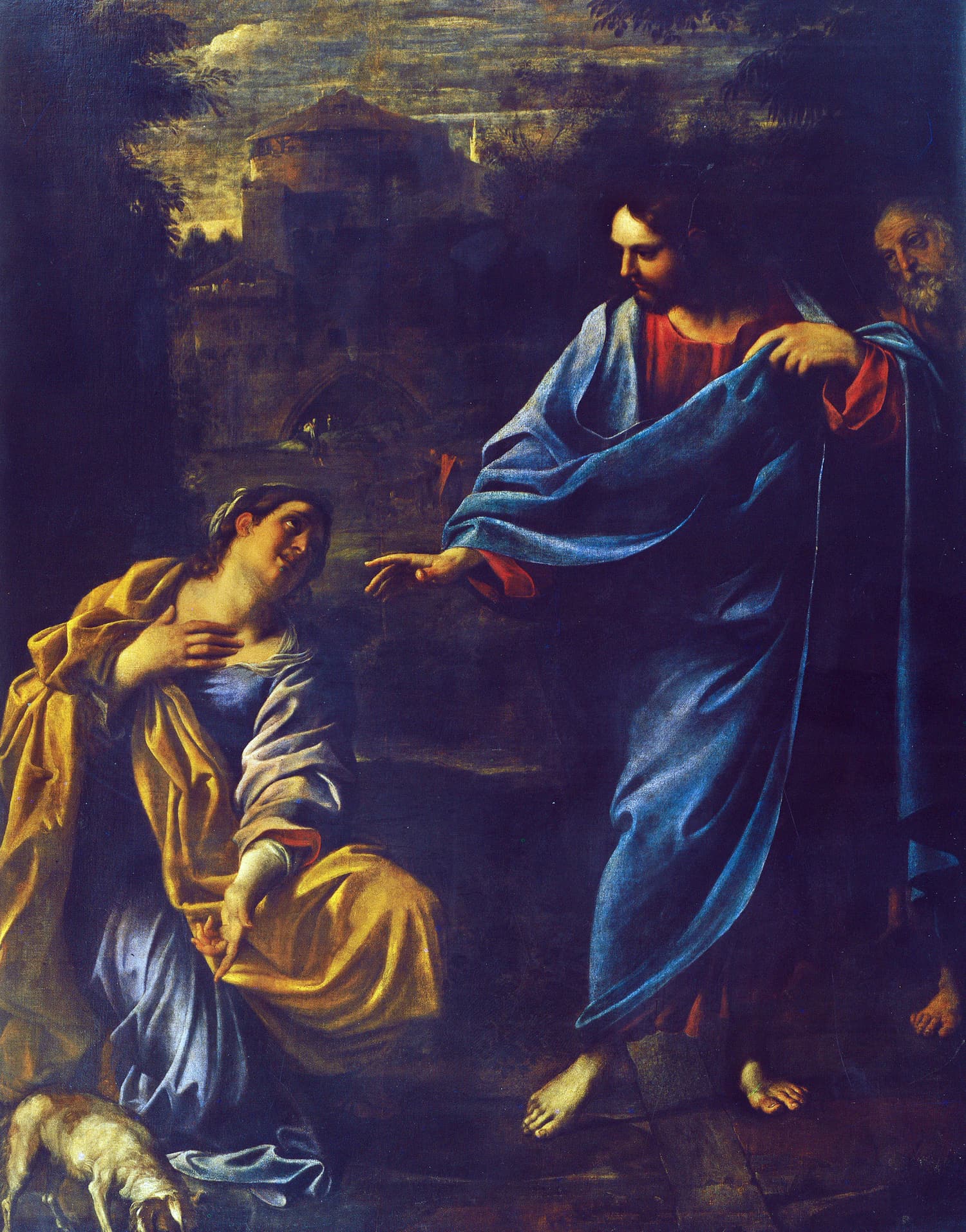 Pintura de Annibale Carracci: Jesus, de manto azul, estende a mão a uma mulher ajoelhada de manto dourado