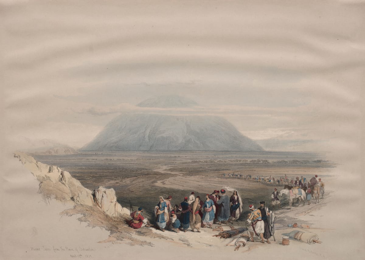 O monte Tabor, de forma redonda, erguendo-se da planície de Esdrelom; viajantes em primeiro plano; litografia
