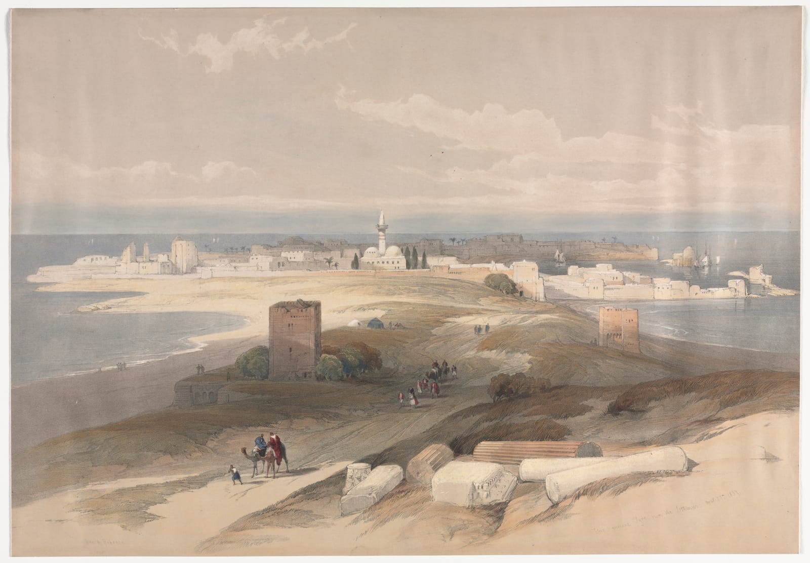 Tiro vista do istmo, com colunas caídas e uma torre isolada junto ao mar; litografia colorida de David Roberts