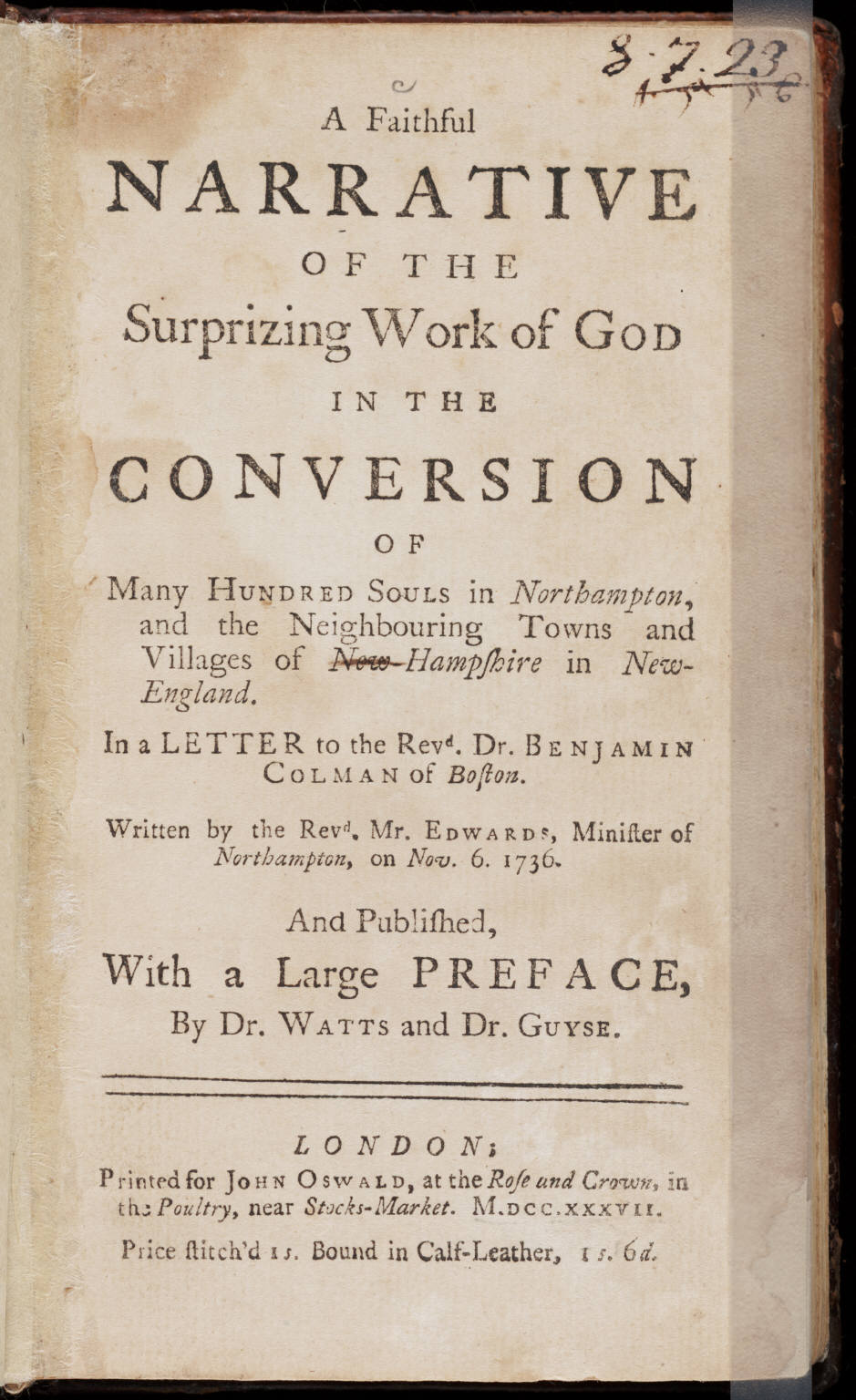 Página de rosto de A Faithful Narrative of the Surprising Work of God, de Jonathan Edwards, 1737