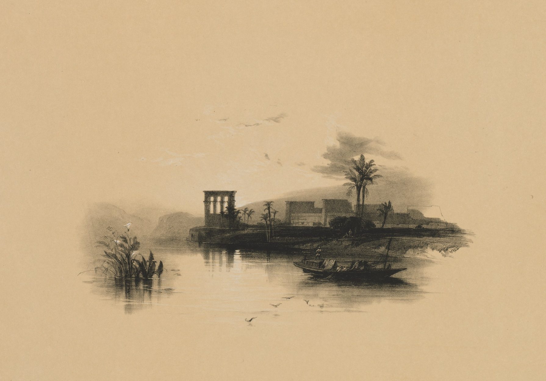 A ilha de Filae ao pôr do sol; litografia de Louis Haghe a partir de David Roberts