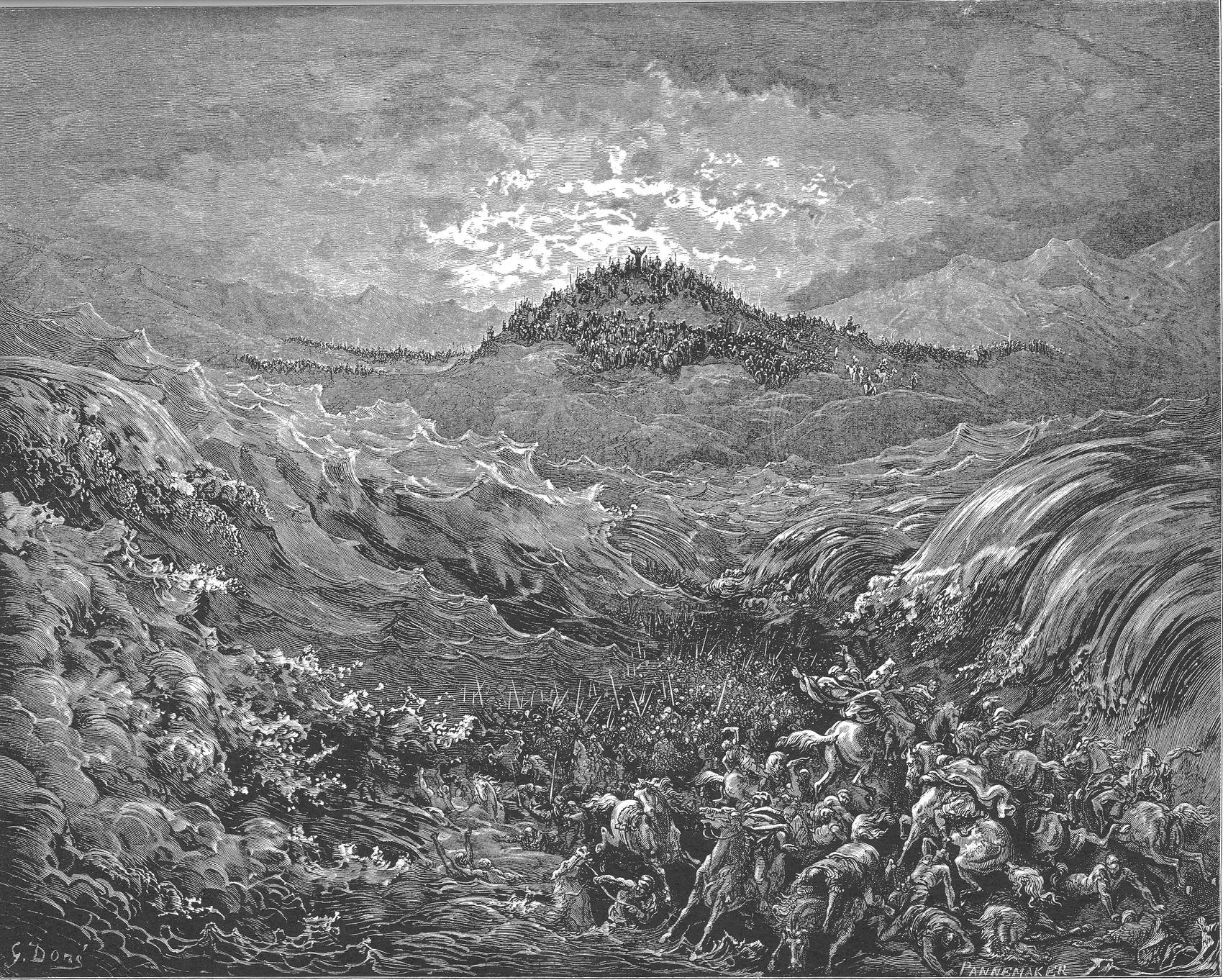 Os egípcios se afogam no mar; gravura de Gustave Doré
