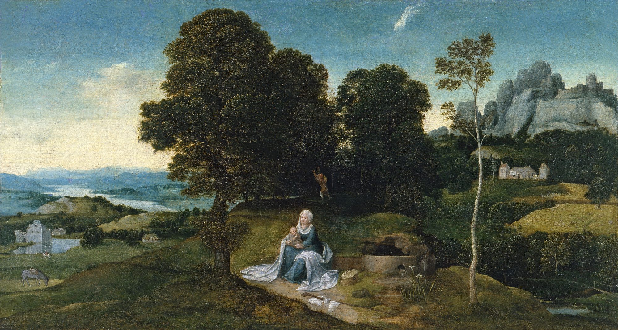Paisagem com o repouso na fuga para o Egito; pintura de Joachim Patinir