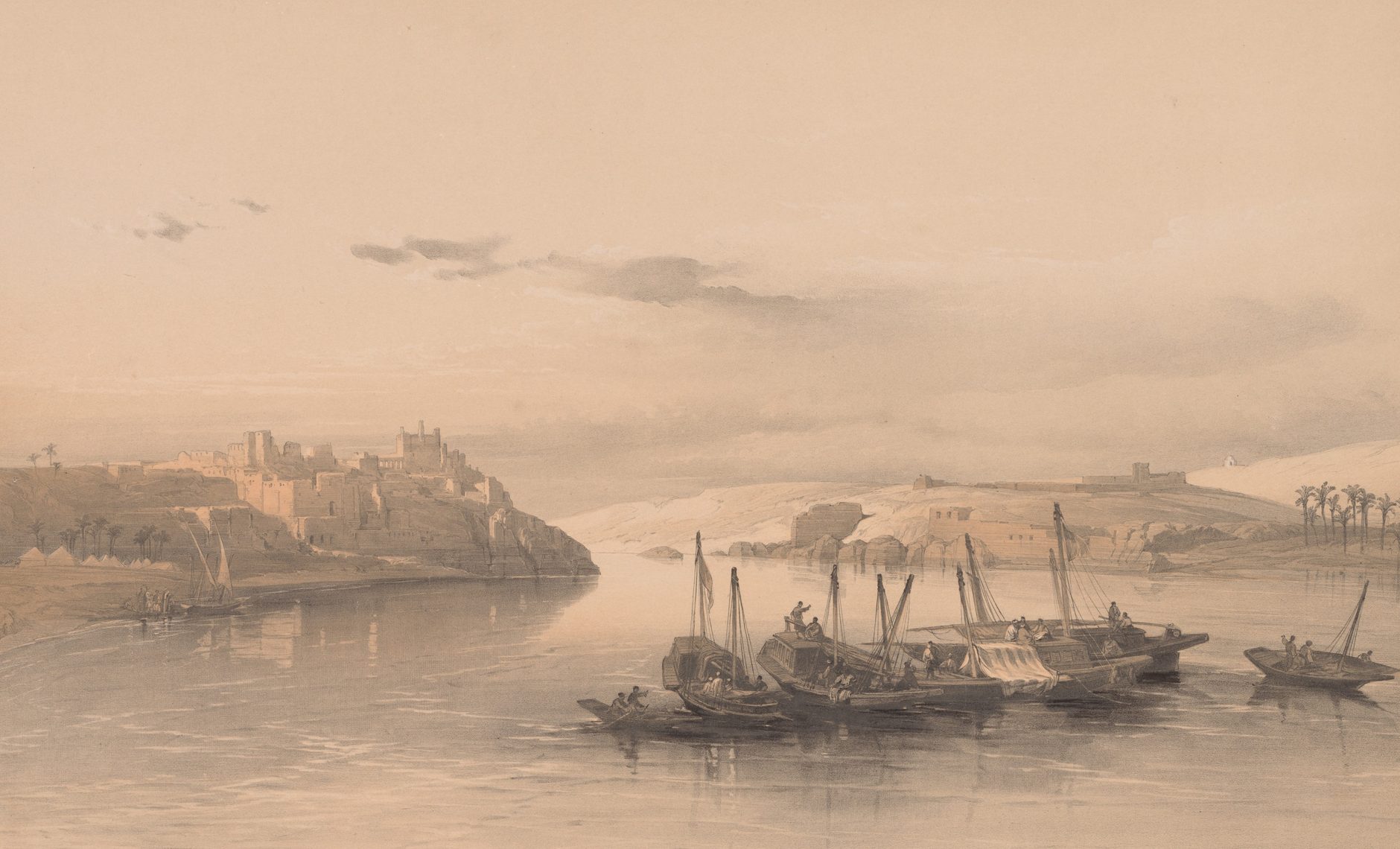 Vista geral de Assuã e da ilha de Elefantina; litografia de Louis Haghe a partir de David Roberts