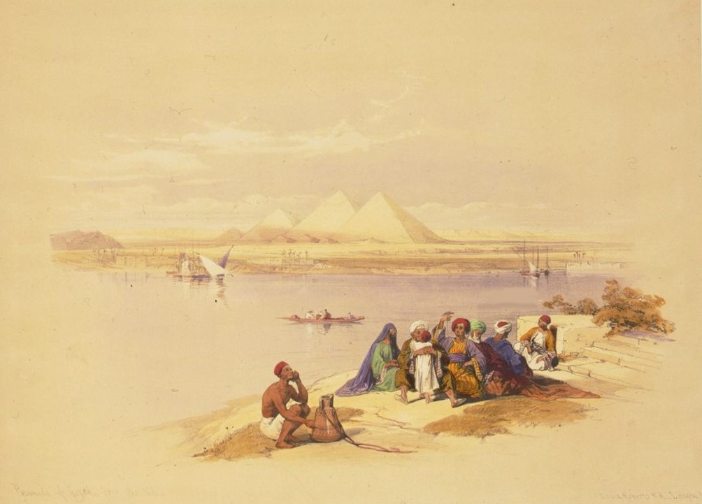 As pirâmides de Gizé vistas do Nilo, litografia de David Roberts